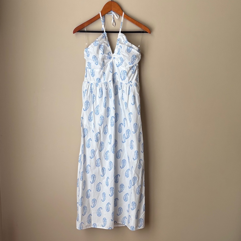 Target Women’s Halter A Line Maxi White & Blue Paisley Dress. Smocked backless.